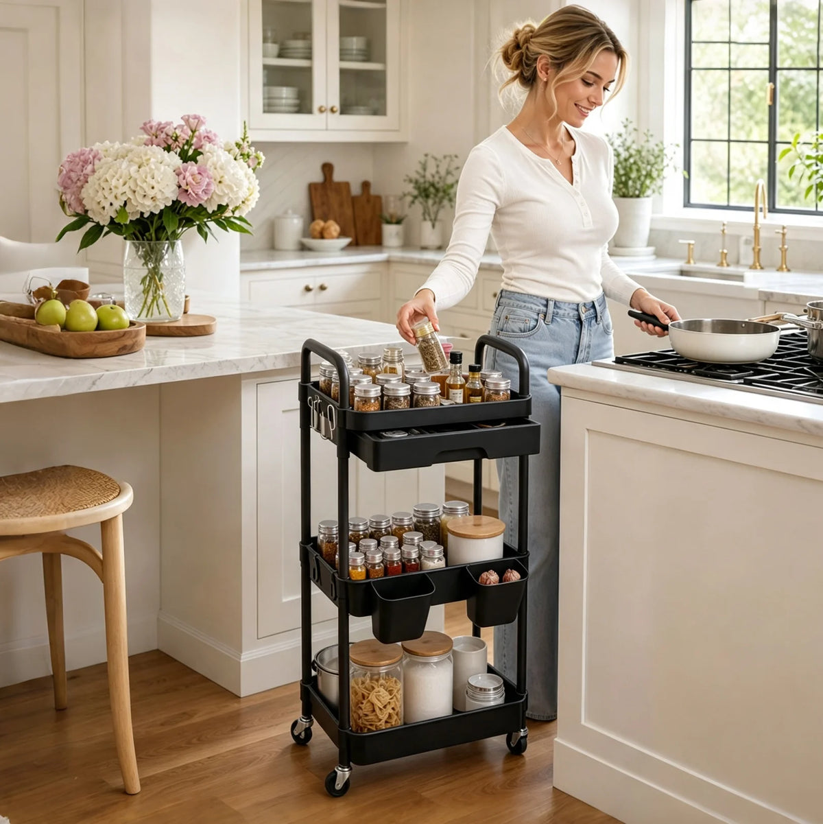 3-Tier Rolling Storage Cart With Pull-out Drawer Lockable Wheels Detachable Hanging Cups Multifunctional Mobile Organizer Trolley for Kitchen Bathroom Living Room