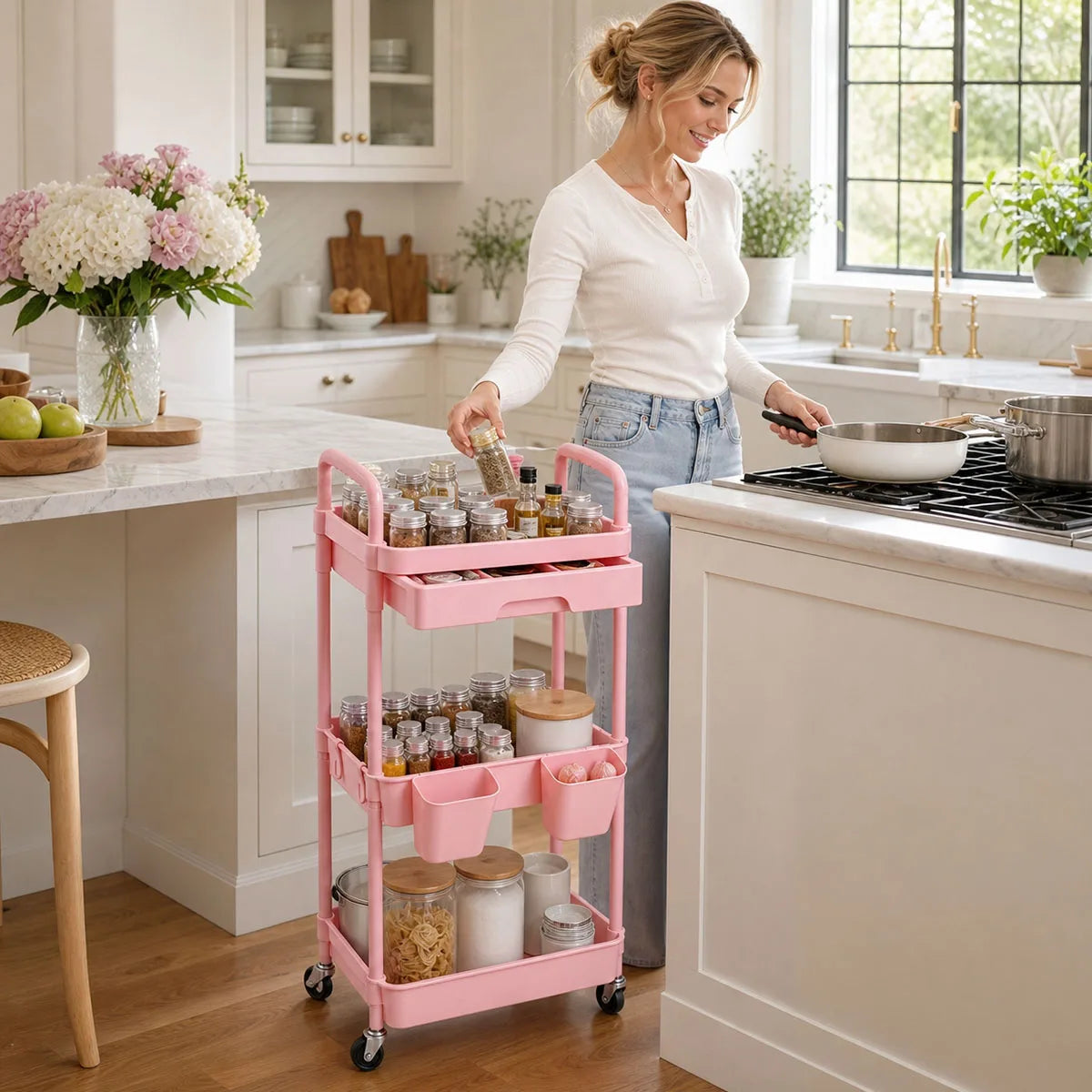 3-Tier Rolling Storage Cart with Pull-out Drawer, Lockable Wheels, Hanging Cups, Multifunctional Mobile Organizer Trolley for Kitchen Bathroom Living Room