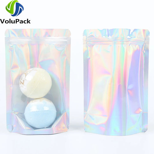 100 PCS Plastic Package Ziplock Bags Clear Front Holographic Silver Pouches Recyclable Metallic Mylar Storage Bags