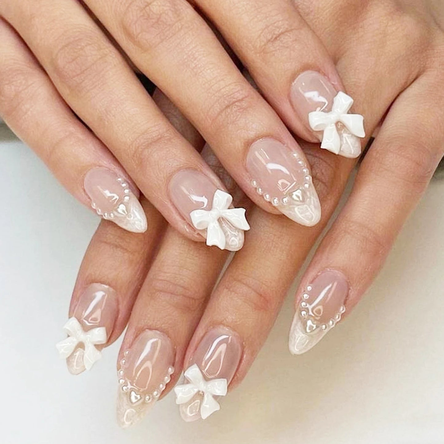 Purple Almond False Nail White Bowknot Shiny Rhinestones Artificial Nail For Salon Expert And Women Diy Fashion Nail Art