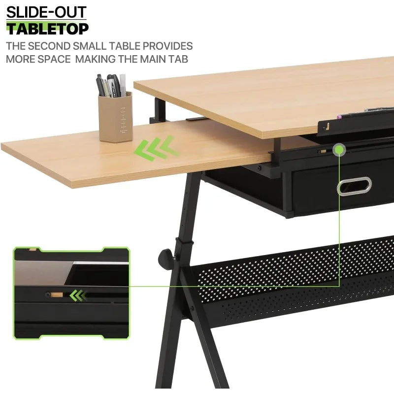 Drafting Table Set Adjustable Height Artist Desk with Tilting Wooden Tabletop and Sliding Desktop, Multifunctional Art Desk