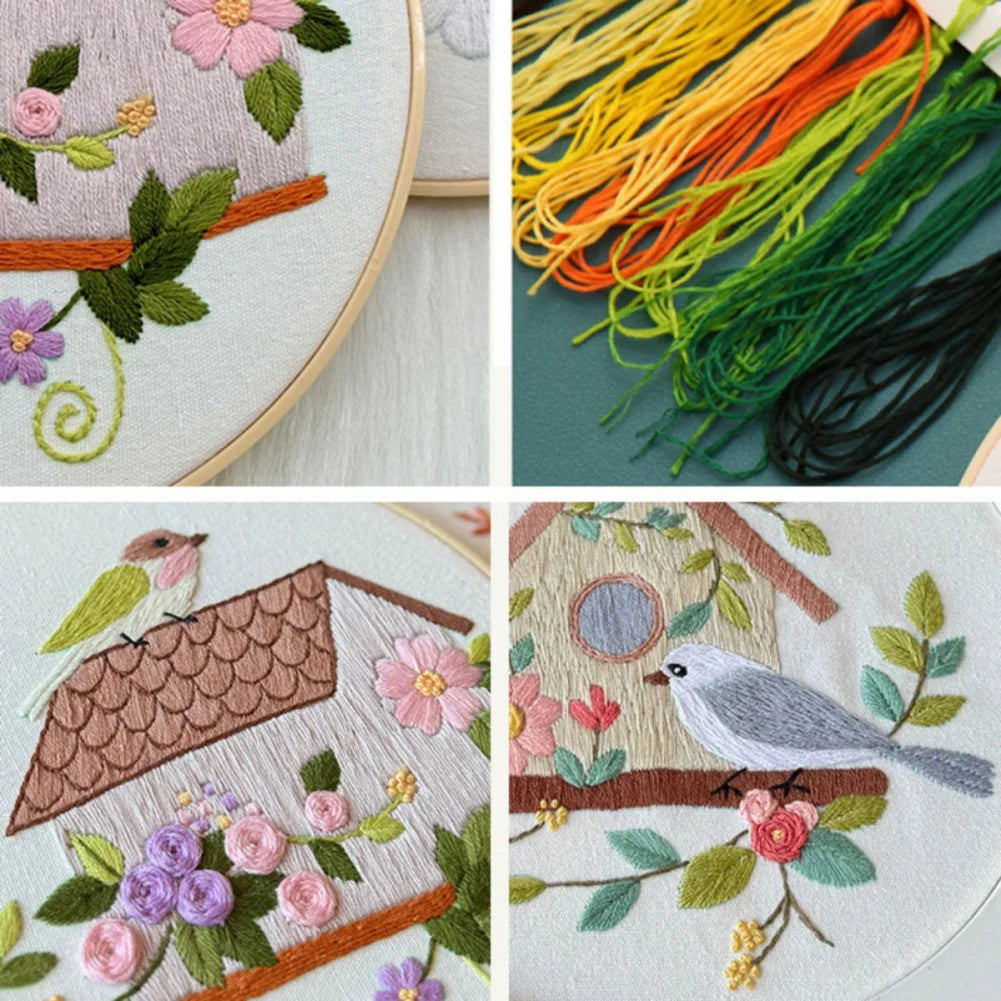 4pcs/set Bird Flower House Embroidery Kit Cross Stitch Embroidery Kit with English Instructions Needle Thread Home Decoration