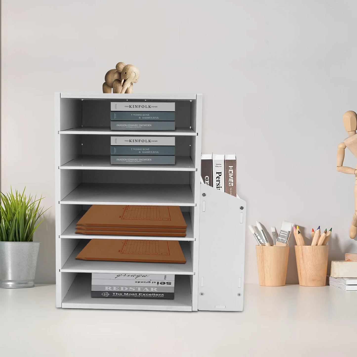 10*11.8*16.1in 6-Tier Desktop Organizer with Side Storage Cabinet File Sorter Holder for Home Office White