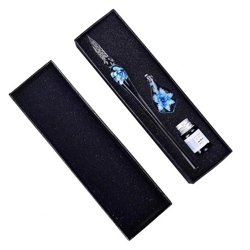 1 Set Transparent Dip Pen with Inside Flower Glass Writing Pen Faux Crystal Ink Dip Pen Gift for Student