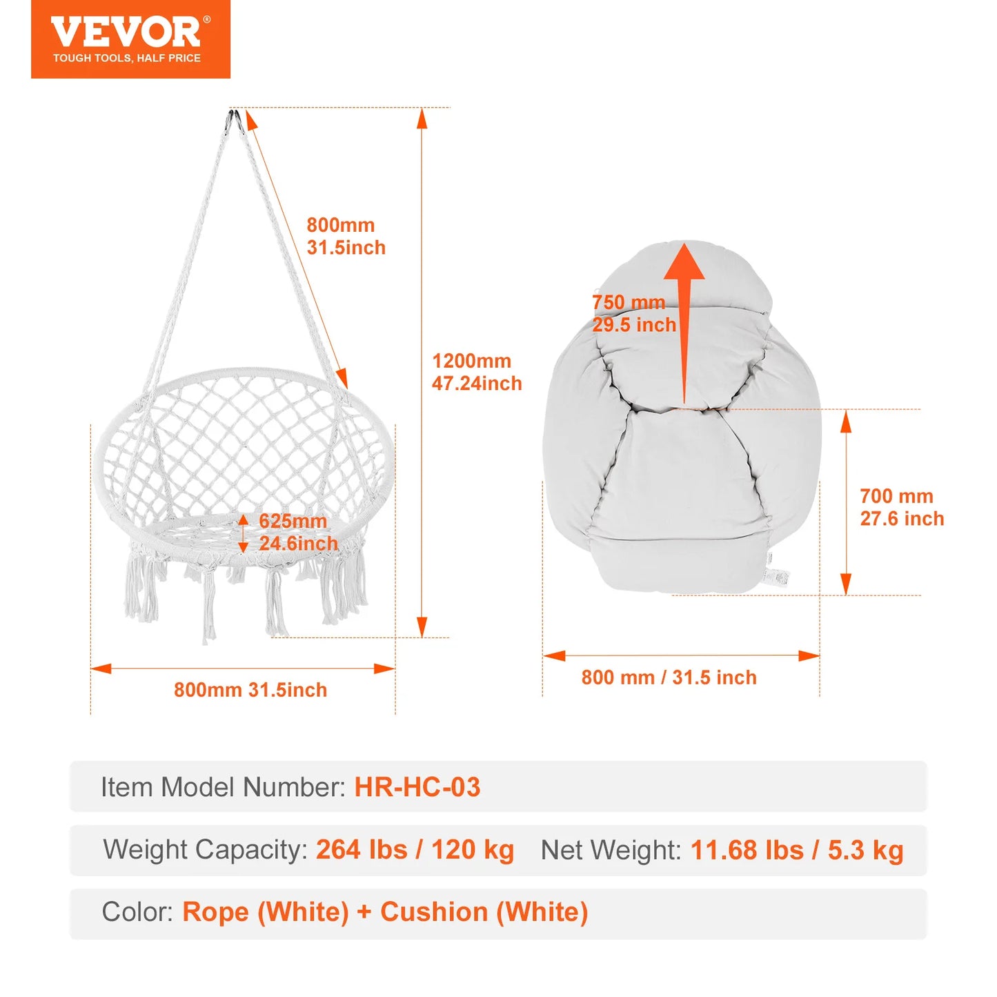 VEVOR Hanging Hammock Swing Chair 330 lbs Macramé Hanging Chair Cotton Rope Swing Chair for Bedroom Balcony Patio Garden White