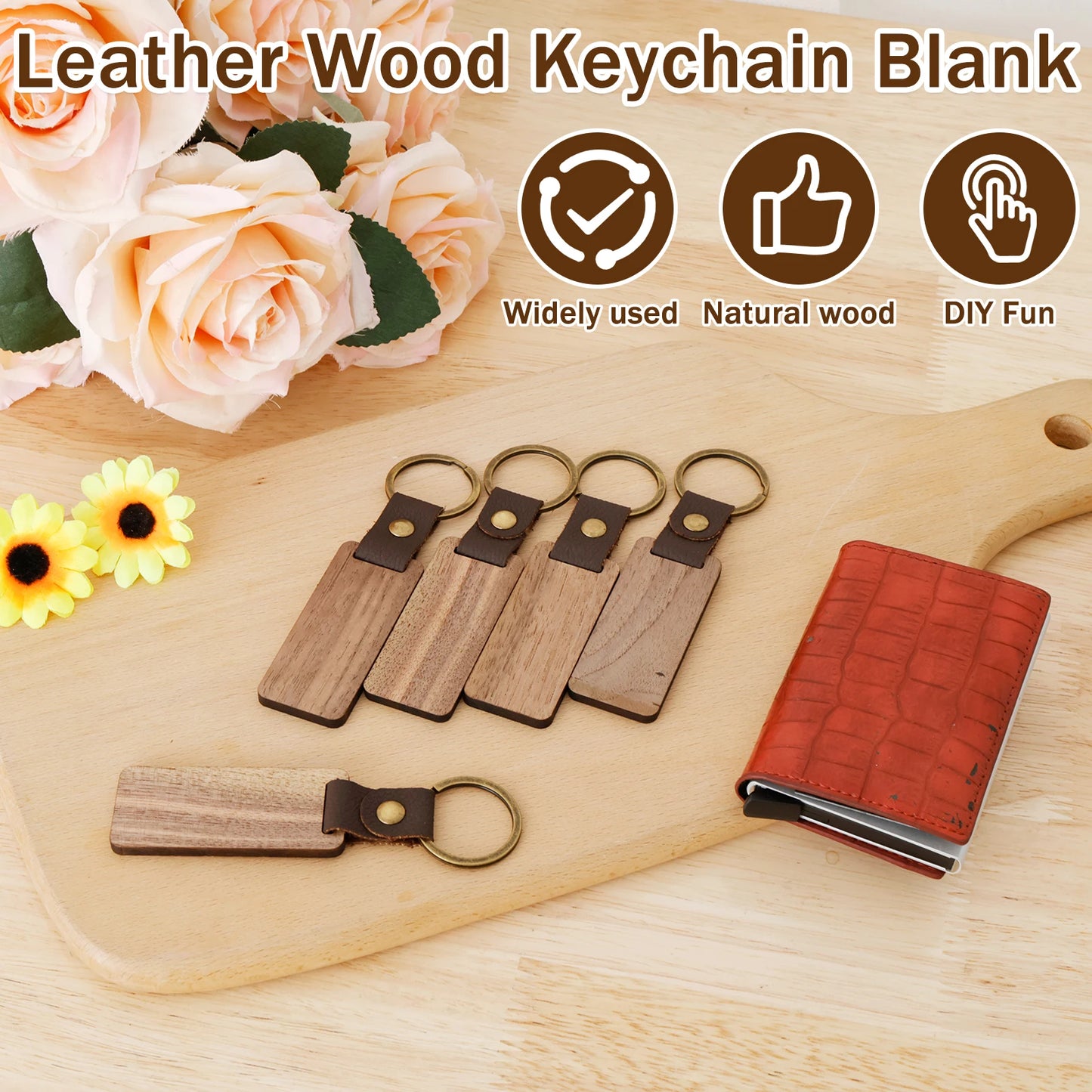 25/50Pcs Wooden Keychain Blanks DIY Blank Keychains with Leather Straps Walnut Wood Keyring Blanks Unfinished Wooden Keychains