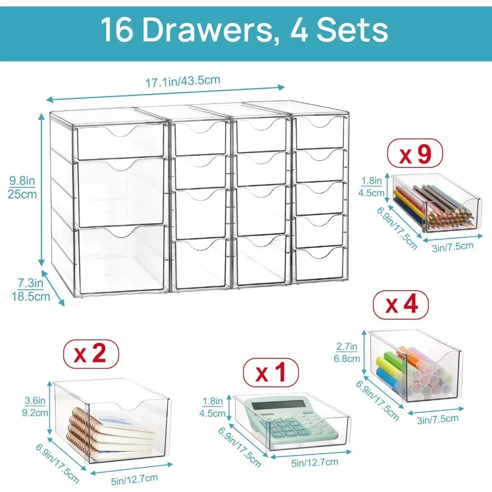 Acrylic organizer with 16 drawers (4 sets), clear storage drawers for office supplies, jewelry, crafts