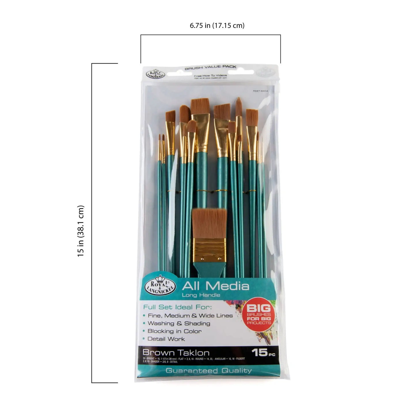 Royal & Langnickel - 15pc Long Handle, Brown Taklon All Media Paint Brush Set