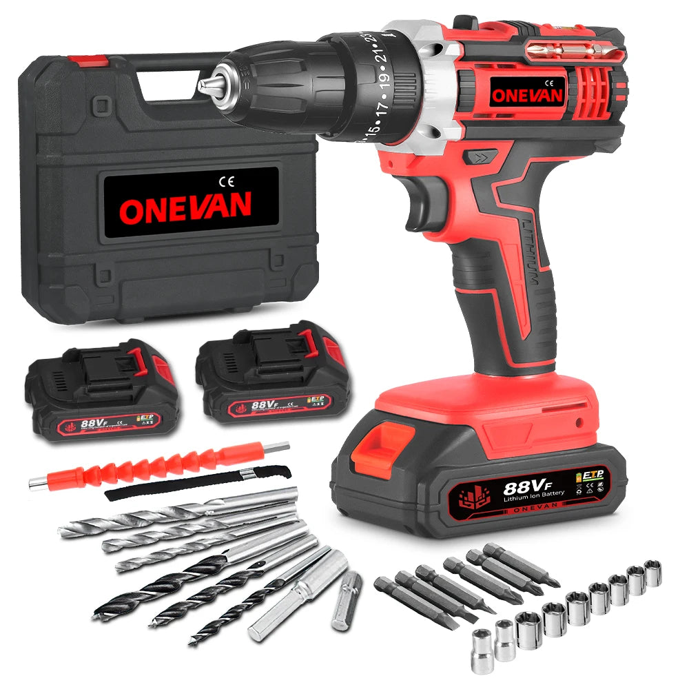 ONEVAN 10mm Cordless Electric Drill Driver Rechargeable Impact Hammer Drill Screwdriver Tools For 21V 18V Battery