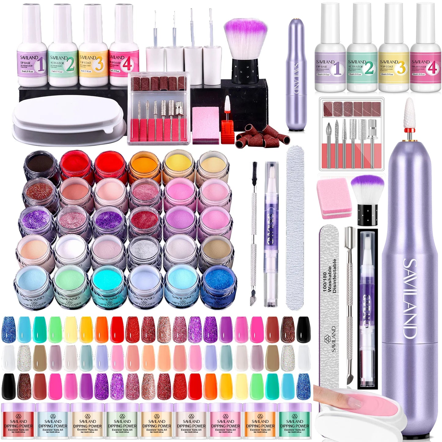 SAVILAND 30 Colors Dipping Powder Dip Powder Liquid Set with Base Top Coat with Electric Nail Drill Kit for DIY Nail Art