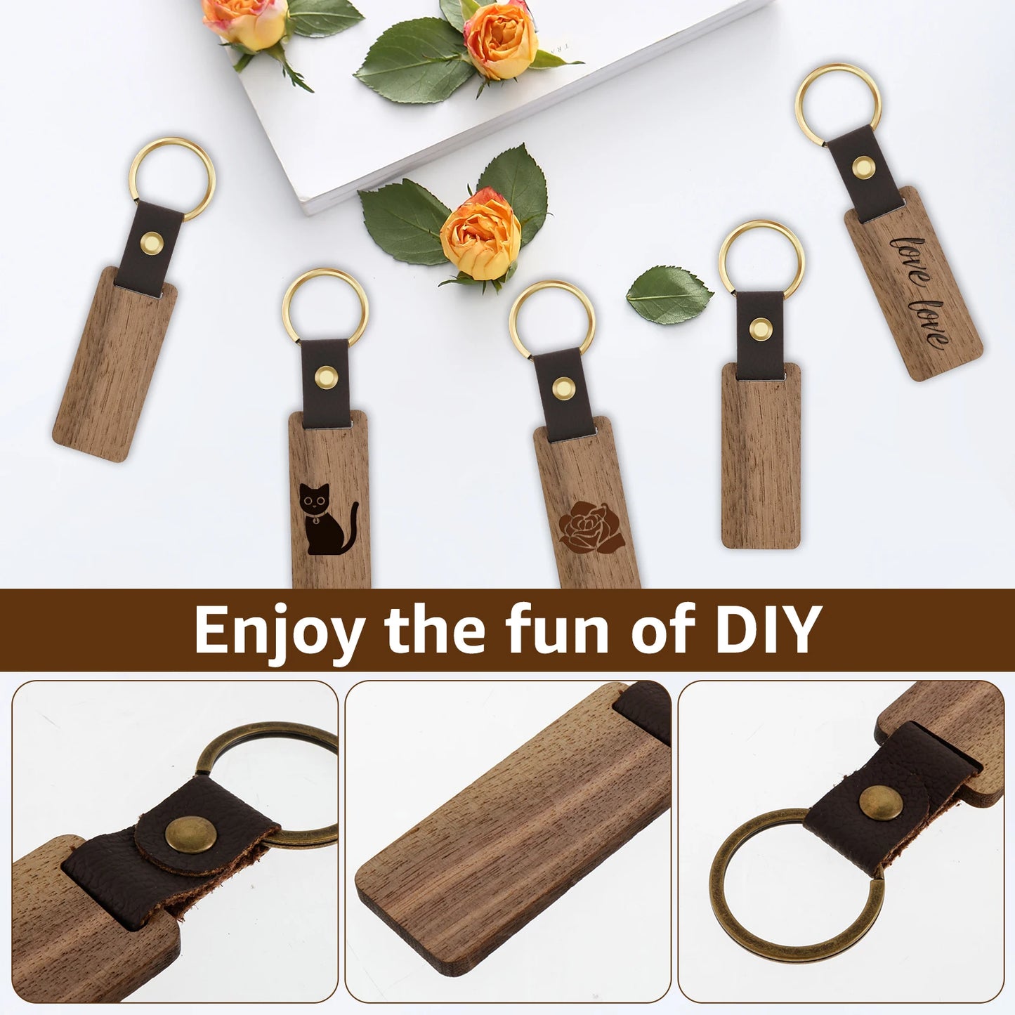 25/50Pcs Wooden Keychain Blanks DIY Blank Keychains with Leather Straps Walnut Wood Keyring Blanks Unfinished Wooden Keychains