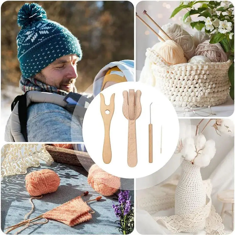 Lucet Tool 4Pcs Braided Tools For DIY Knitting Crafts Portable Knitting Fork Set With Big Eye Needle Wooden Fork Braider And