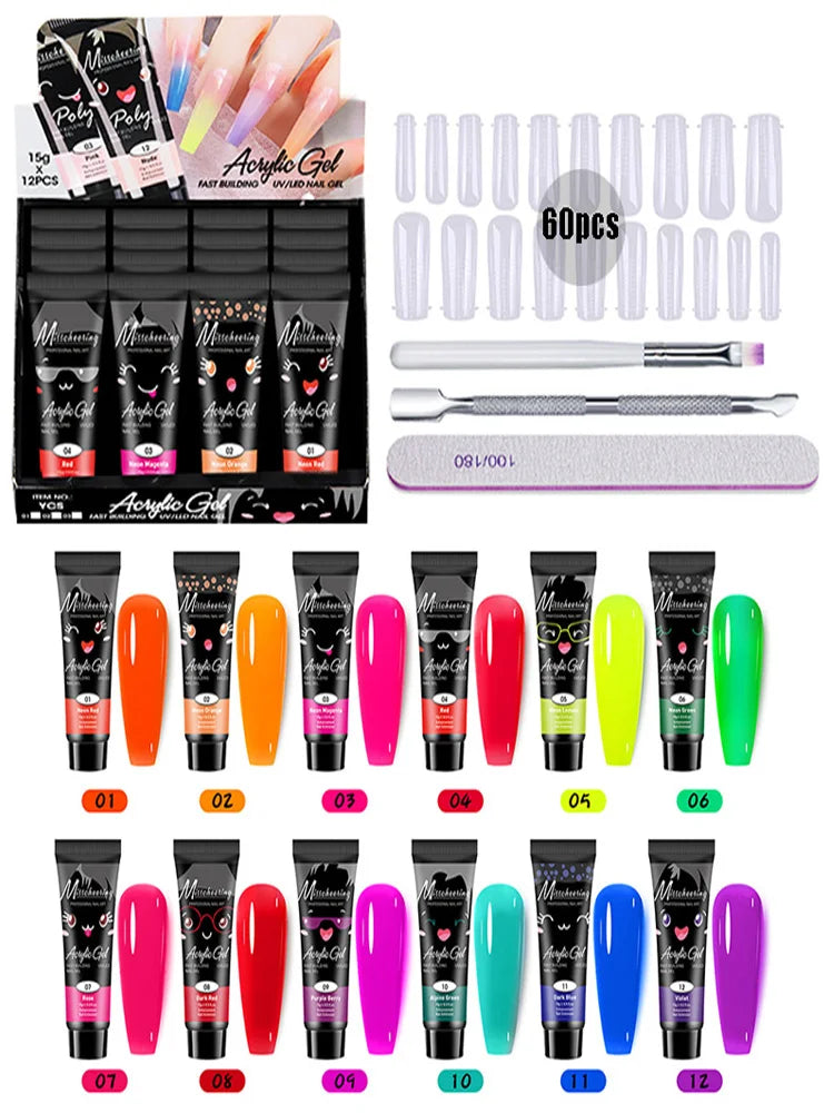 Poly Nail Gel Kit 12 PCS Diamond Poly Nail Gel Colors Nude Yellow Red Green Purple Blue Pink Glitter Poly Nail Gel Poly Extensio