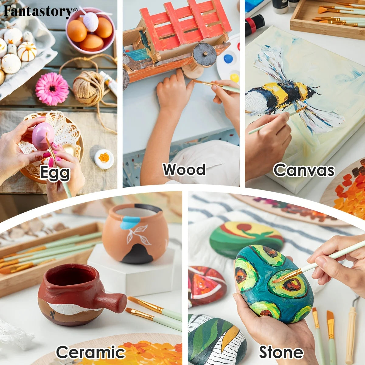 Fantastory 60ml Acrylic Paint Set, Professional Craft Paint With 12 Brushes, Glass/Stone/Wood Painting, Craft Supplies