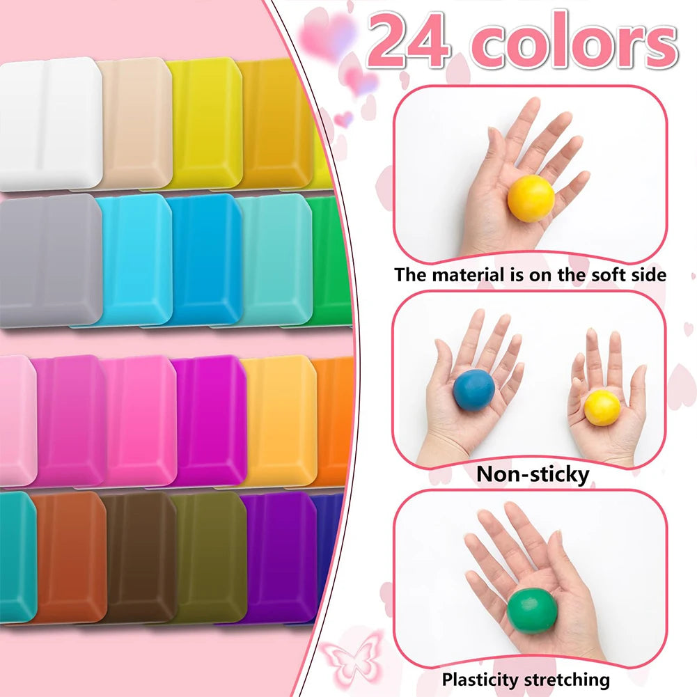24 Colors Polymer Clay Oven Bake Modeling Clay Non-Toxic DIY Art Craft Clay Kit with Sculpting Tools for Artists Beginners