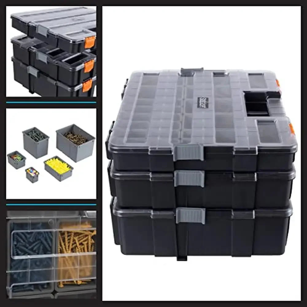 Portable 3-Tier Tool Box Organizer with 52 Customizable Compartments Hardware Craft Supplies or Beads Clear Lids Durable