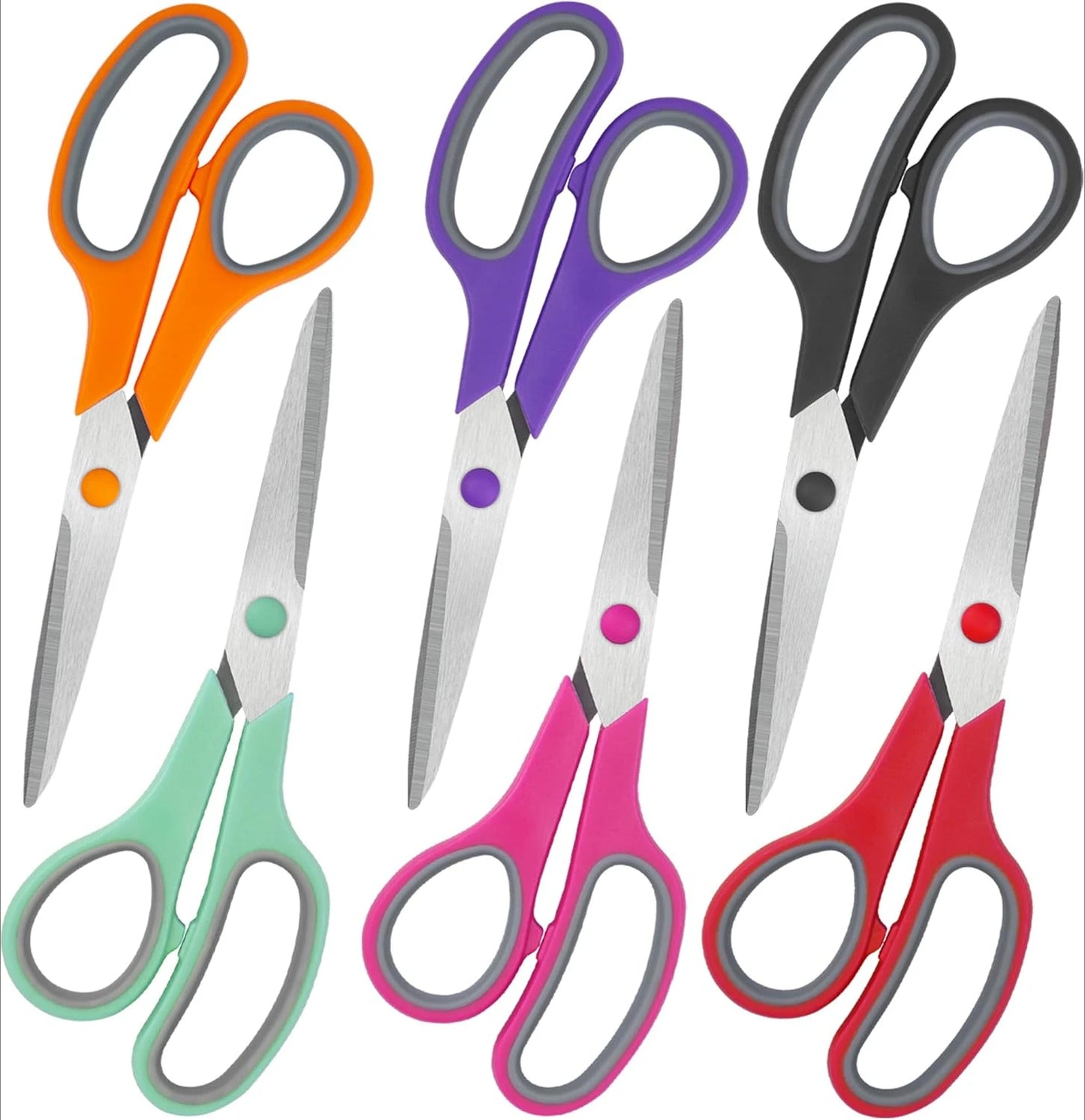 8" Scissors All Purpose 6 Pack - Comfort-Grip Sharp Scissors for Office School Sewing Fabric Craft Art Supplies