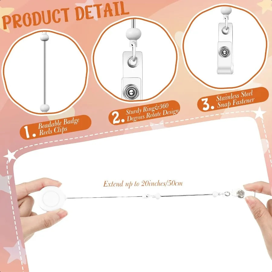 12 Pcs Bead able DIY Badge Reel Kit Retractable ID Name Badge Reel Clips Holder