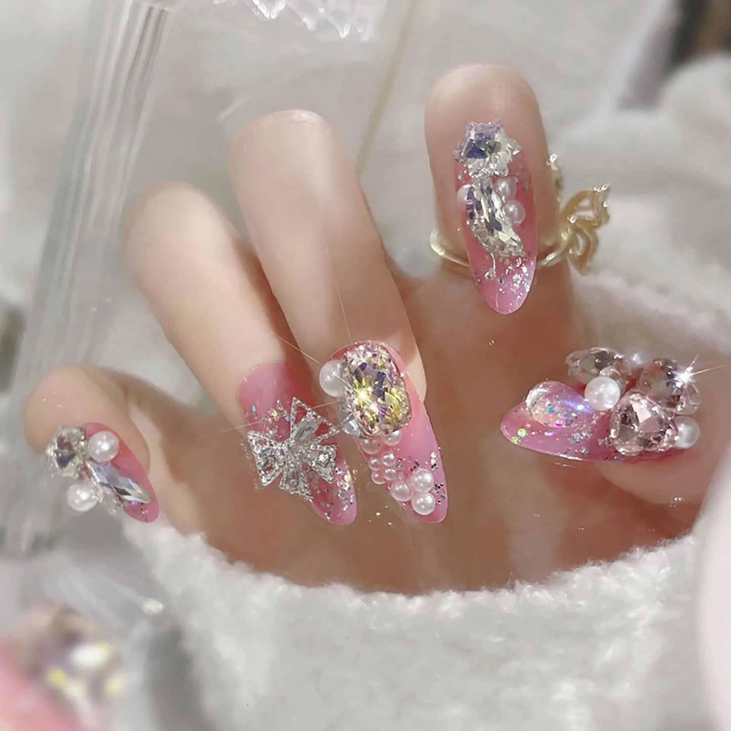 Pink Almond Press On Nails With Bow Decor With Harmless And Smooth Edge Nails For Shopping Traveling Dating Unique Nail Art