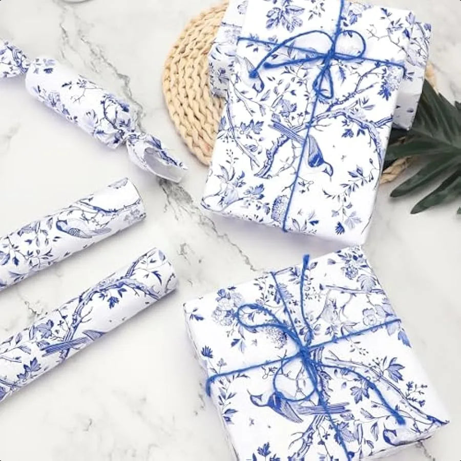 1 Roll Blue Floral Bird Wrapping Paper Mini Roll 17in x 32.8Ft Blue White Flowers Bird Pattern Gift Wrap Paper