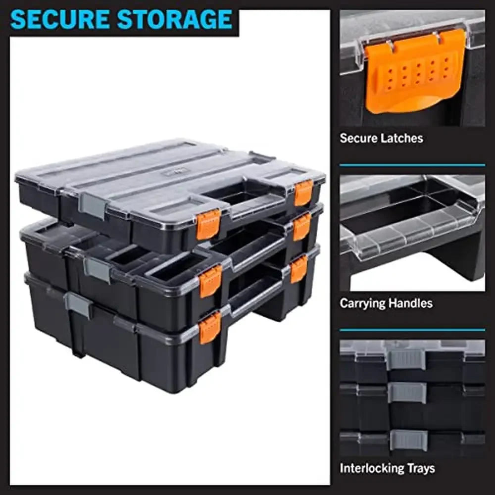 Portable 3-Tier Tool Box Organizer with 52 Customizable Compartments Hardware Craft Supplies or Beads Clear Lids Durable