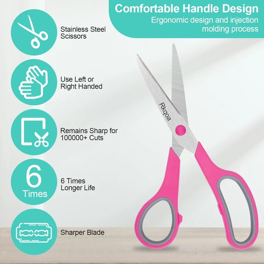 8" Scissors All Purpose 6 Pack - Comfort-Grip Sharp Scissors for Office School Sewing Fabric Craft Art Supplies