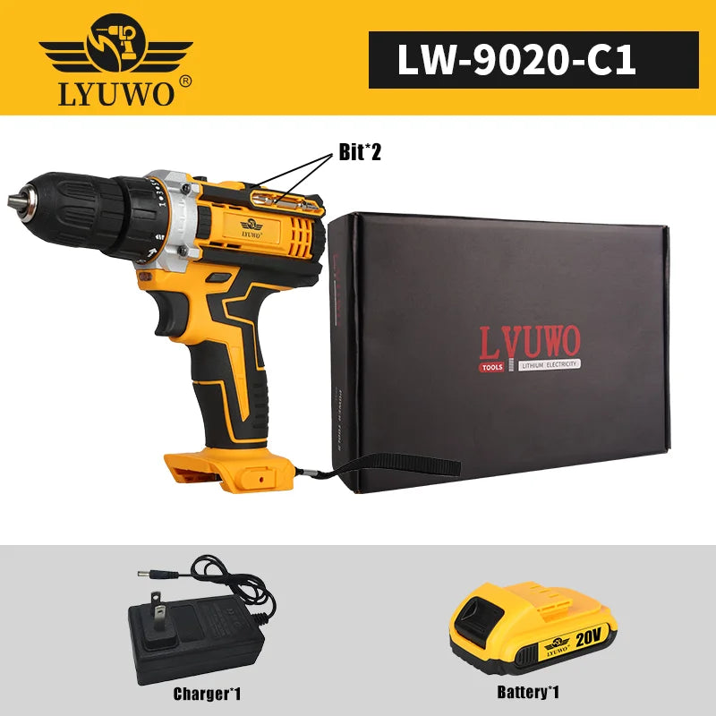 LYUWO 20V 0.8-10mm Cordless Drill Lithium Battery Rechargeable Multifunctional Drill, Dual Speed Power Tool With Two Drill Bits