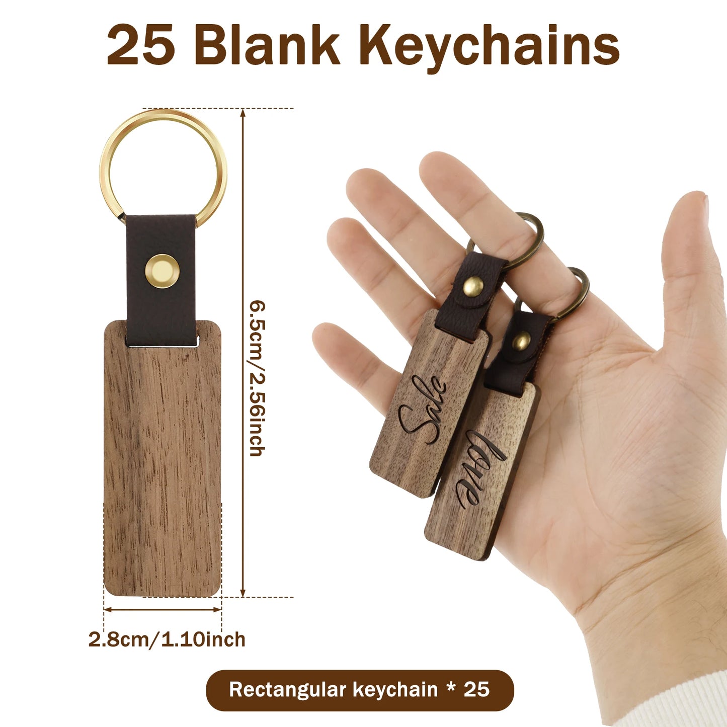 25/50Pcs Wooden Keychain Blanks DIY Blank Keychains with Leather Straps Walnut Wood Keyring Blanks Unfinished Wooden Keychains