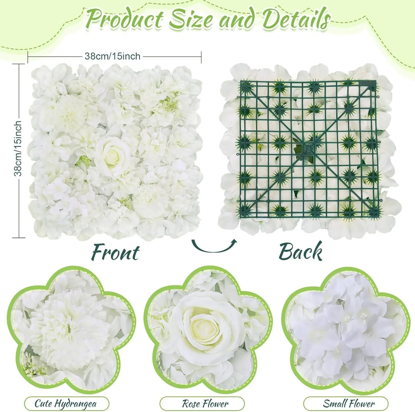 12 Pack 15 X 15 Inch Artificial White Roses Wall Decor, White Flower Panels Backdrops for Wedding Party Bridal Shower Corporate