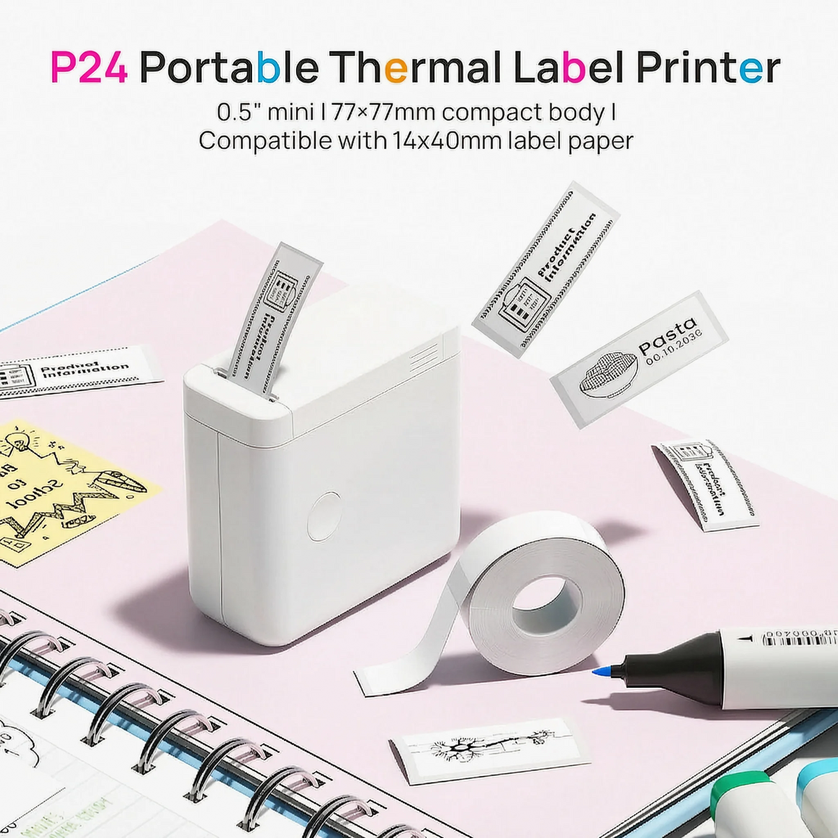 P24 Label Maker with 1 Roll of Label Paper, Portable Wireless Label Printer for Storage, Office, Home, Storage, Sticker Maker Mini Label Maker with Multiple Templates