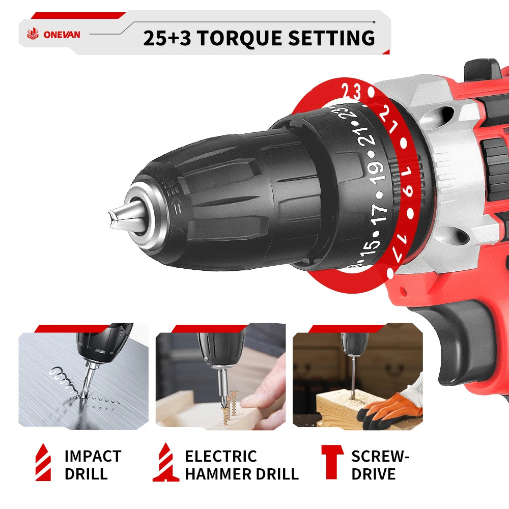 ONEVAN 10mm Cordless Electric Drill Driver Rechargeable Impact Hammer Drill Screwdriver Tools For 21V 18V Battery