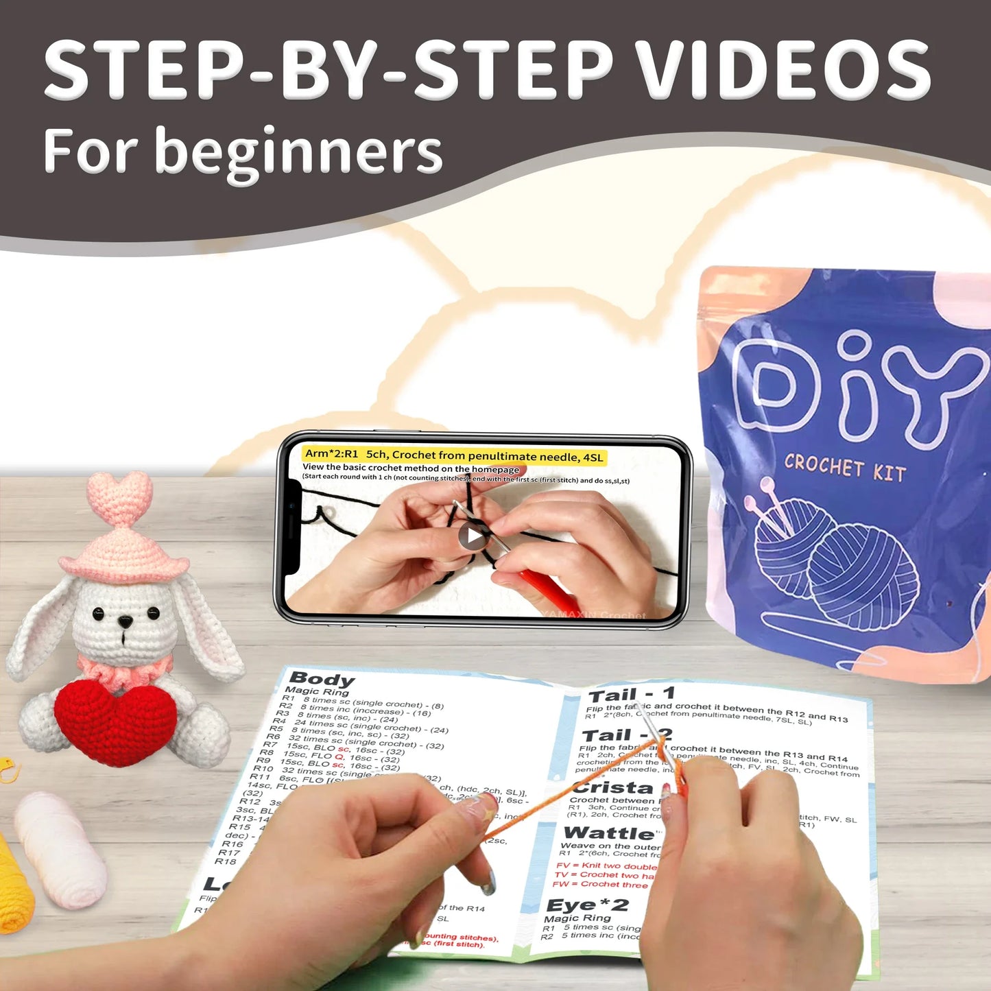 YAMAXIN Crochet Kit for Beginners Yarn for Crocheting DIY Amigurumi Hook Set with Instruction Manual and Video Teaching