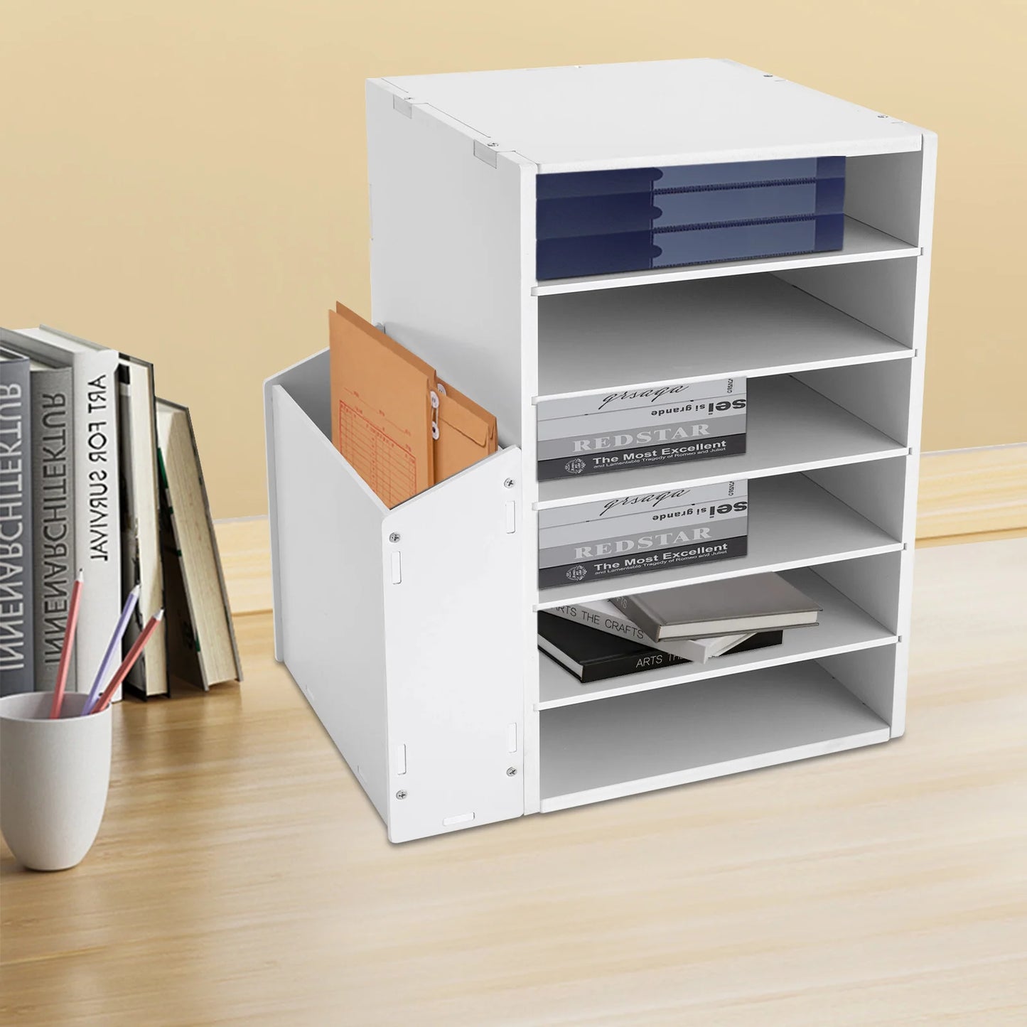 10*11.8*16.1in 6-Tier Desktop Organizer with Side Storage Cabinet File Sorter Holder for Home Office White