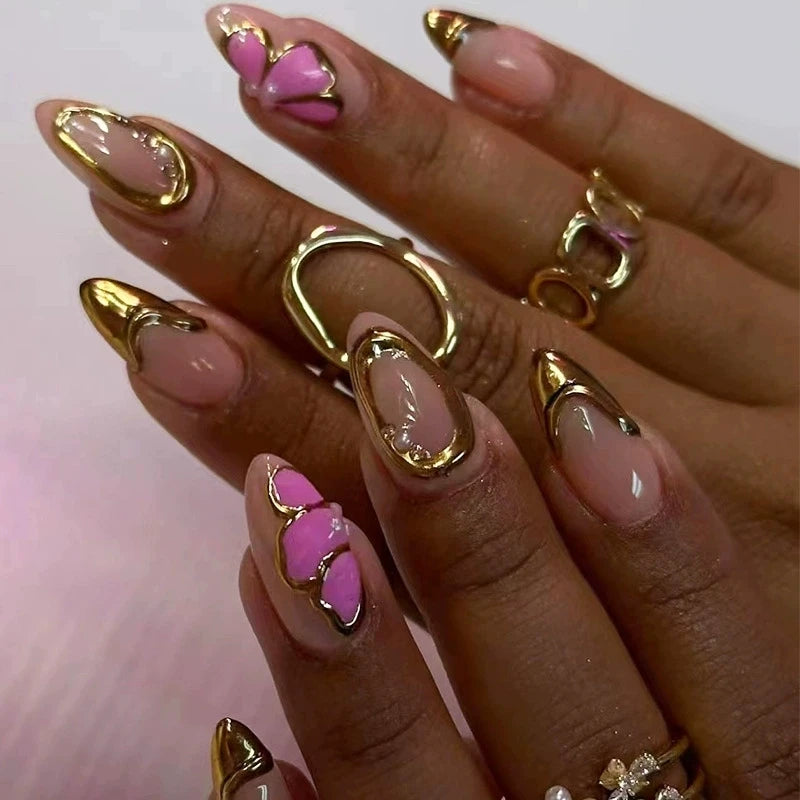 Pink Almond False Nails Butterfly Ballet Almond False Nails Butterfly Ballet with French Design Wearable Fake Nails Simple Artificial Press on Nails Tips Art 24Pcs