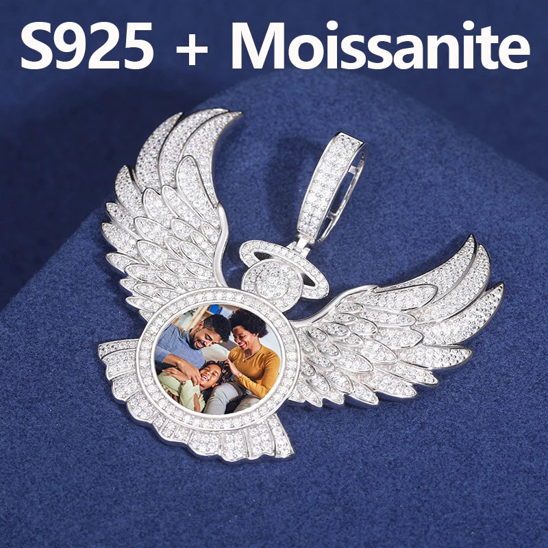 New Custom Memorial Picture Pendant Necklace Angel Wing Custom Photo Engrave Name Iced Out Medallions Pendant Hip Hop Jewelry