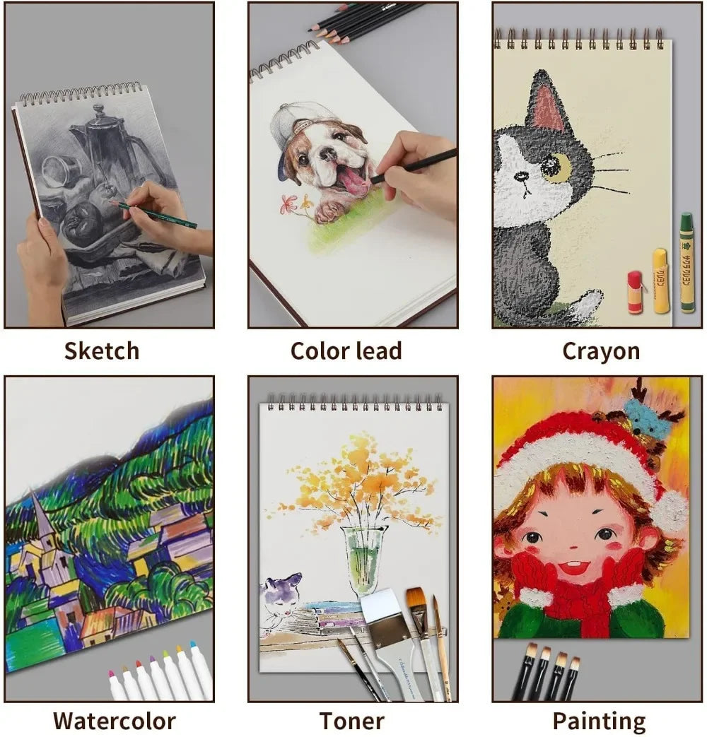 9 x 12 inches, 60 sheets (98 lb/160 g/m²) heavy-duty drawing paper, spiral-bound hardcover sketchbook on top
