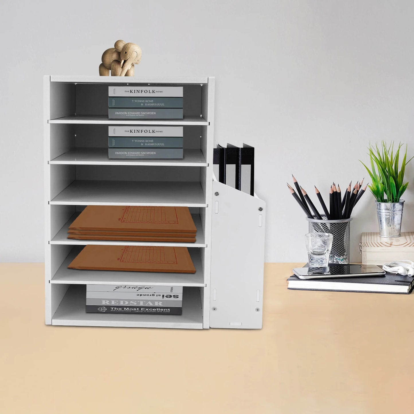 10*11.8*16.1in 6-Tier Desktop Organizer with Side Storage Cabinet File Sorter Holder for Home Office White