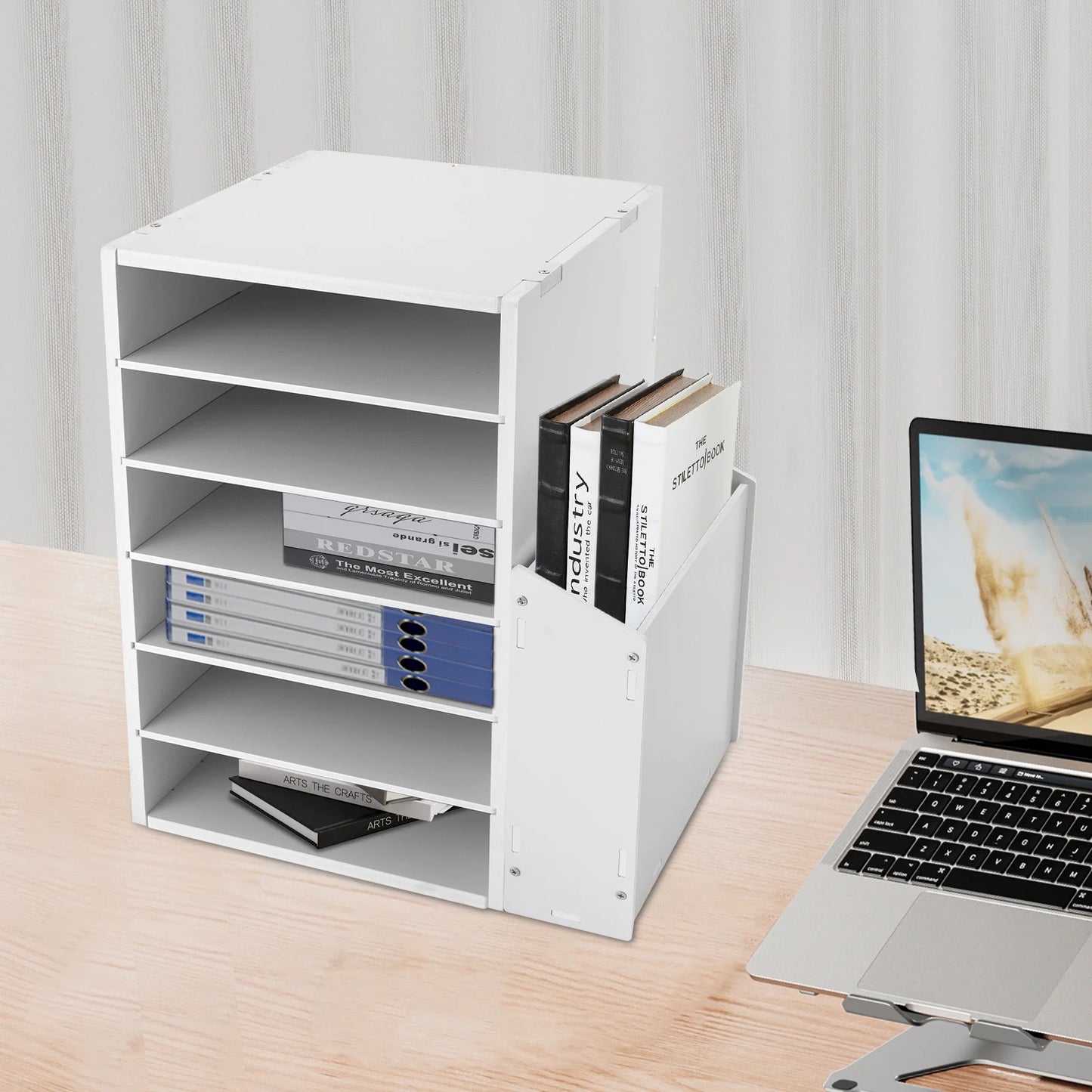 10*11.8*16.1in 6-Tier Desktop Organizer with Side Storage Cabinet File Sorter Holder for Home Office White