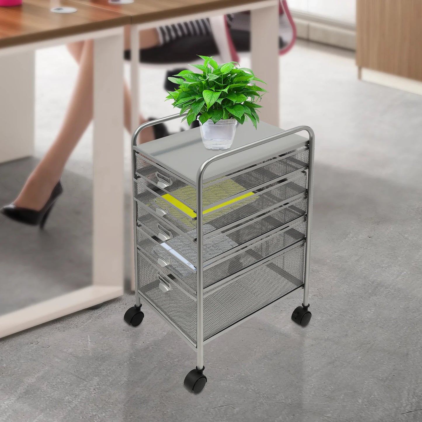 Rolling File Cabinet with 5 Drawers, Mesh Carts Craft Organizer with 4 Swivel 360° Wheels, Office Freestanding Supplies Storage