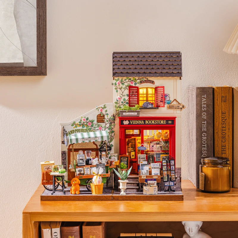 Rolife Wooden 3D Puzzle DIY Miniature House Kit Vienna Bookstore & Aromatic Coffee Cart Model Building Kit with LED Light for Home Decor Gift for Adults Teens