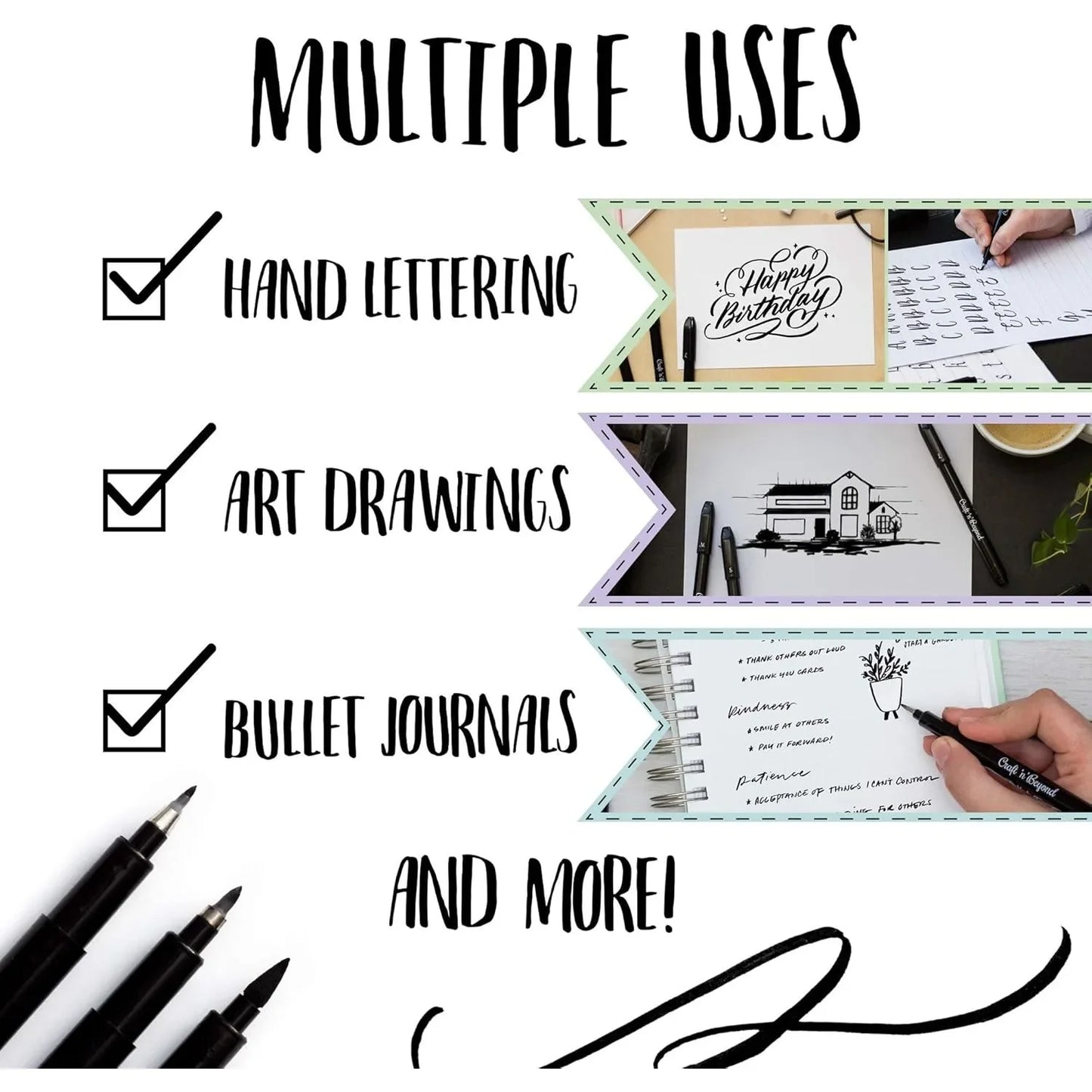 Calligraphy brush Bag 3 small, medium, and large marker hand lettering, art painting,