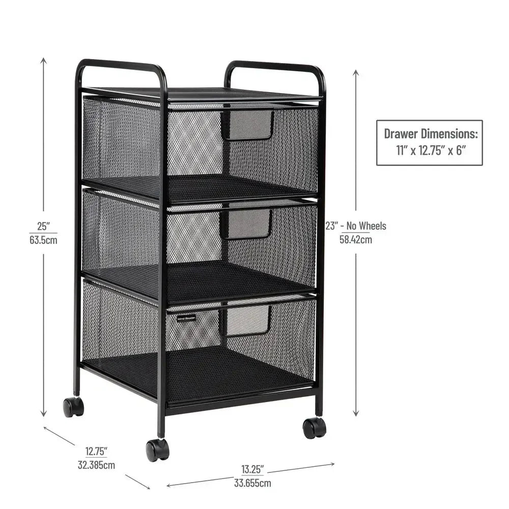 Rolling Metal Storage Cart with 3 Mesh Drawers Portable Organizer Office Supplies Craft Materials and Documents Compact Size and