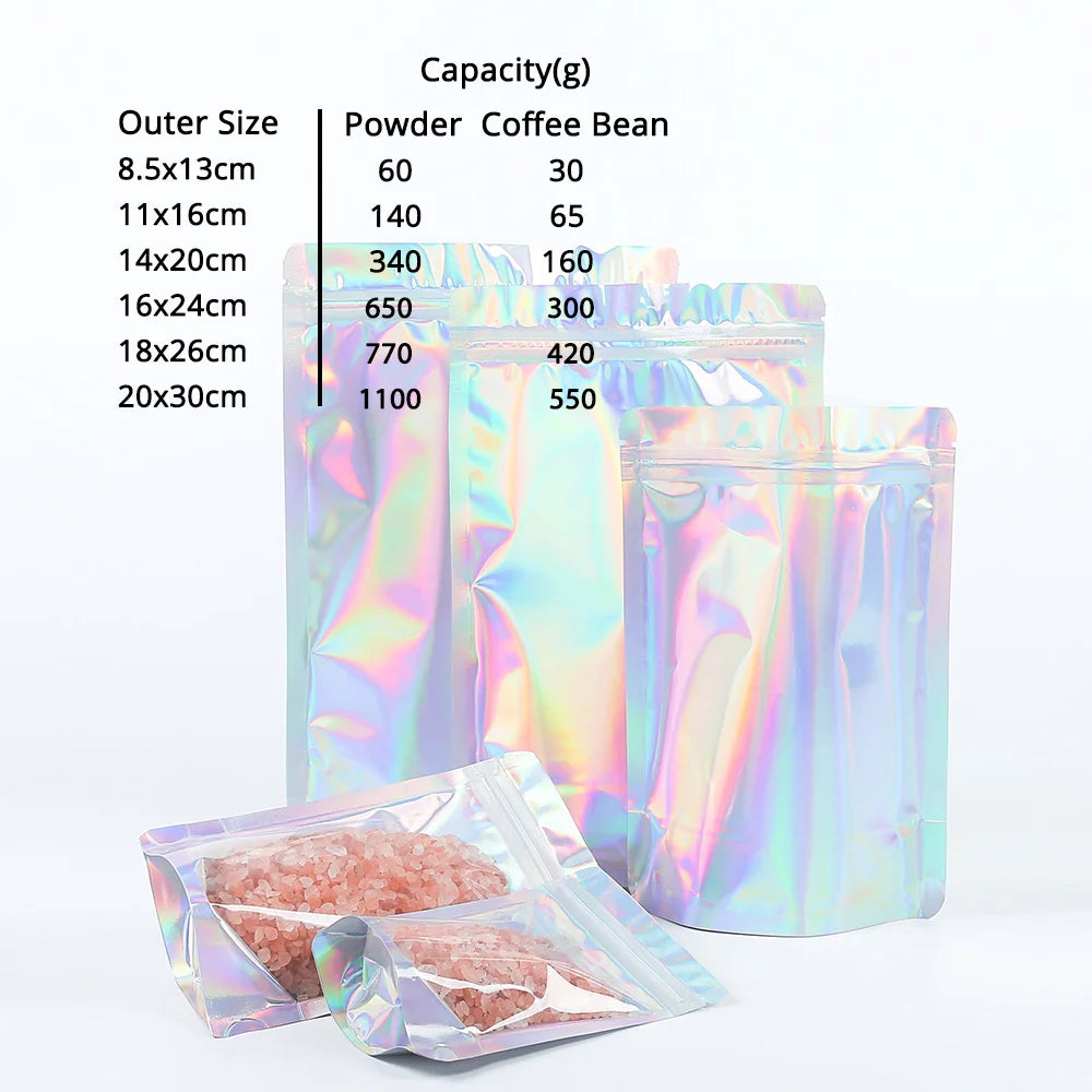 100 PCS Plastic Package Ziplock Bags Clear Front Holographic Silver Pouches Recyclable Metallic Mylar Storage Bags