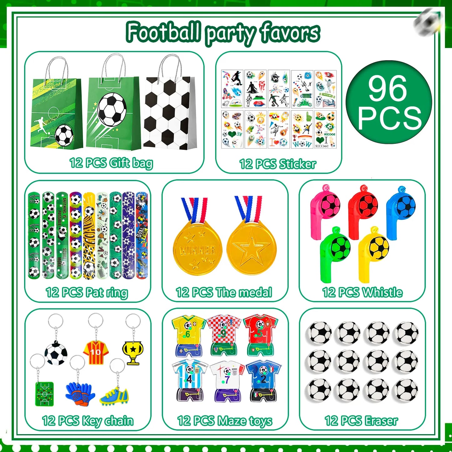 Soccer Favors,96pcs Soccer Party Favors for Kids Including Soccer Slap Bracelets Stickers Medals Keychains Bags Maza Toys etc