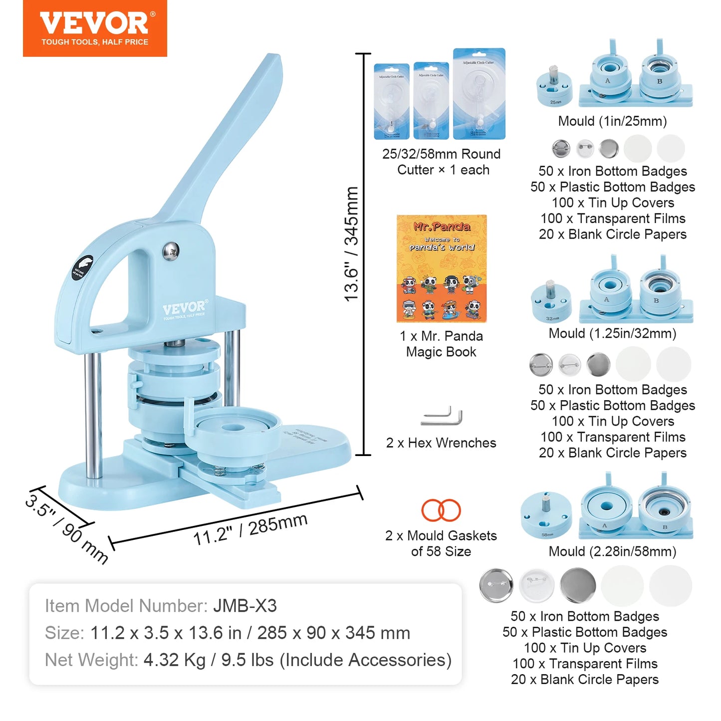 VEVOR 3-IN-1 Button Maker Button Maker Machine with Panda Magic Book Ergonomic Arc Handle Punch Press Kit
