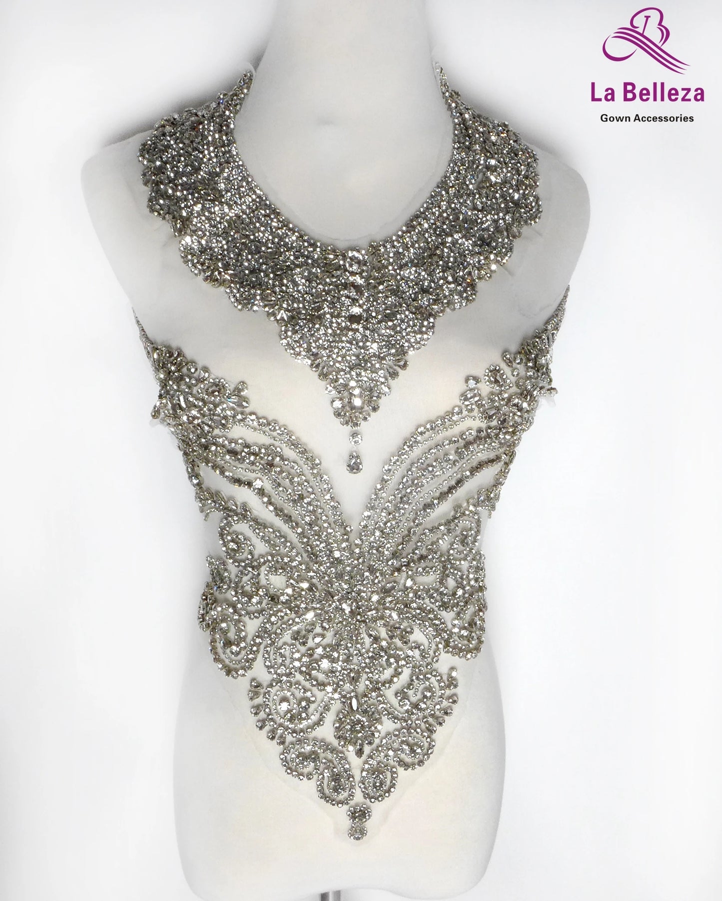 La Belleza beauty hand sewn on neck bodice applique, gold silver crystal rhinestone applique