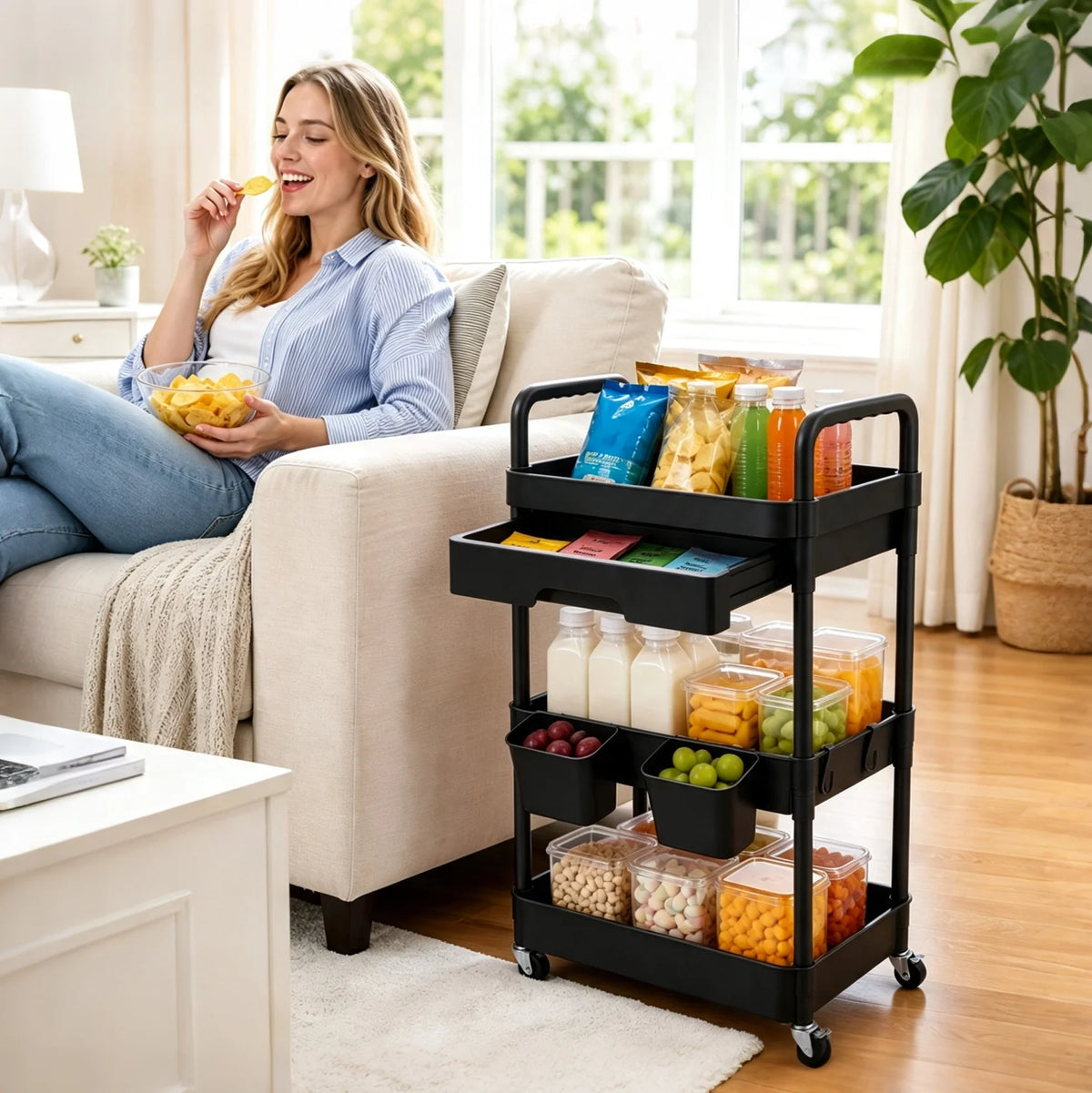 3-Tier Rolling Storage Cart With Pull-out Drawer Lockable Wheels Detachable Hanging Cups Multifunctional Mobile Organizer Trolley for Kitchen Bathroom Living Room