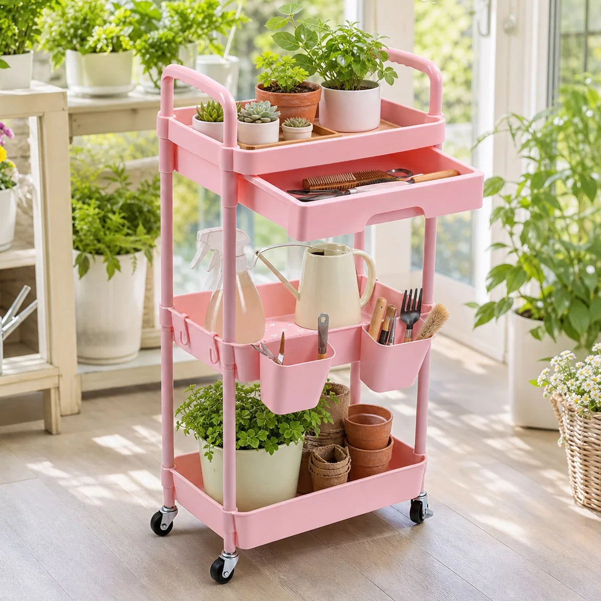 3-Tier Rolling Storage Cart with Pull-out Drawer, Lockable Wheels, Hanging Cups, Multifunctional Mobile Organizer Trolley for Kitchen Bathroom Living Room