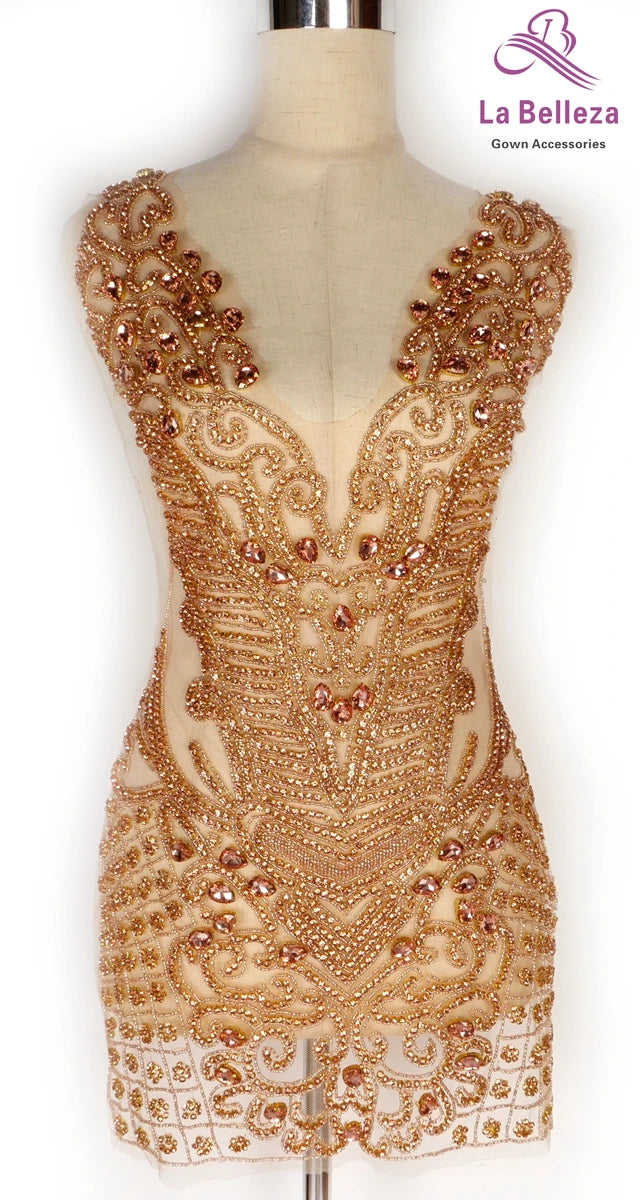 La Belleza New Pink rose gold silver AB luxury bodice crystal Rhinestone appliques 75X42CM