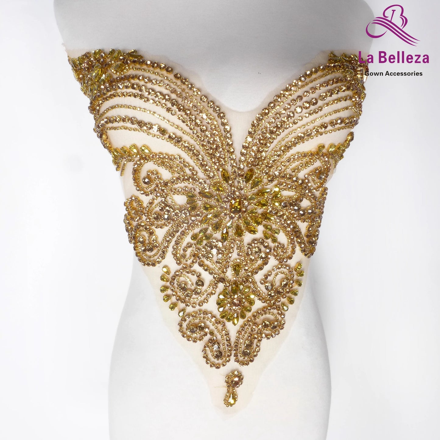 La Belleza beauty hand sewn on neck bodice applique, gold silver crystal rhinestone applique